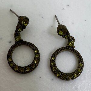 Green Rhinestone Earrings Dangle Circle Gold‎ Tone Vintage Stud Faceted